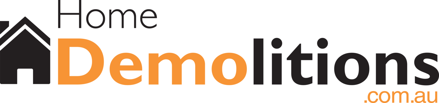 Home Demolitions logo with a house icon to the left followed by the text "Home Demolitions" in black and orange. The ".com.au" domain is in orange at the bottom right.